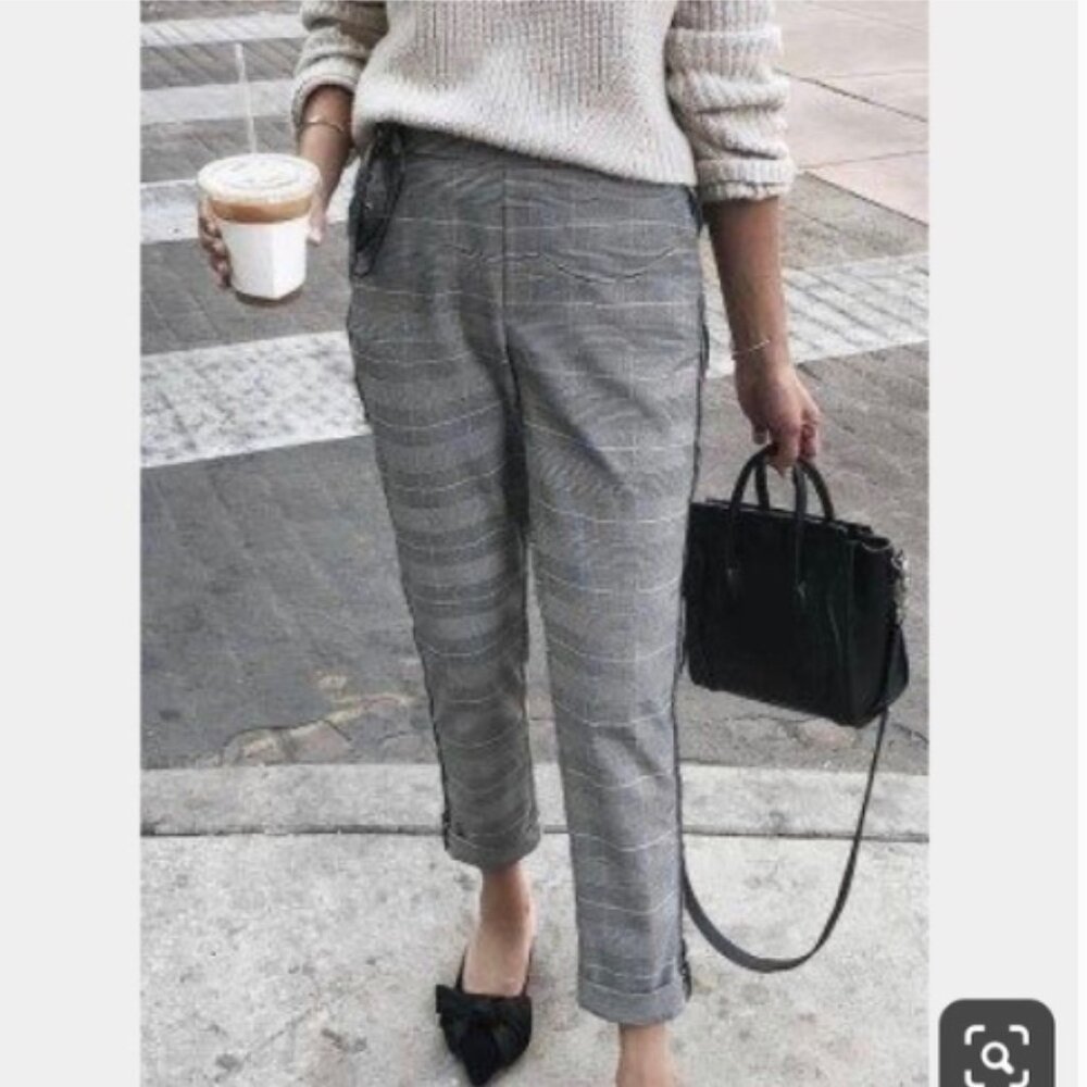 Zara Gray Glen Plaid Check Cropped Ankle Trouser Pants Side Stripe Size Small